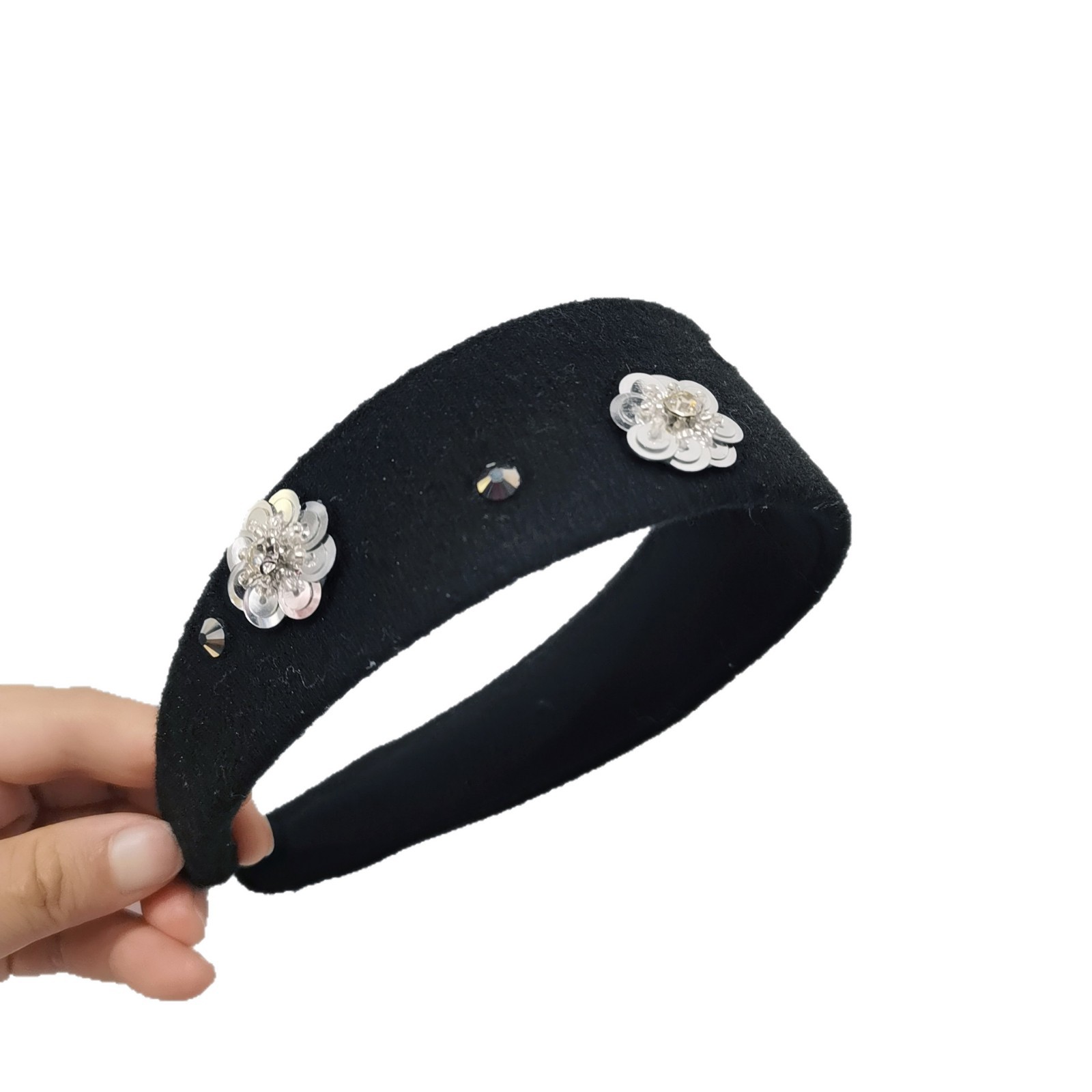 Korean-style Vintage Wide-brimmed Sequin Floral Headband For Women, High-end Face-washing Headband, High-crown Hair Clip_voghion.com