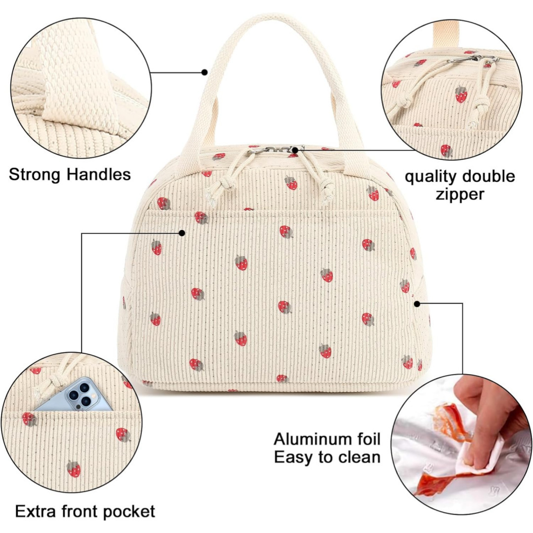 Nuevo producto transfronterizo Bolsa bento portátil con estampado de pana Bolsa de almuerzo fresca de gran capacidad adecuada para acampar al aire libre