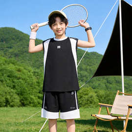 男童夏季套装2026新款大儿童运动休闲洋气速干拼色背心短裤两件套