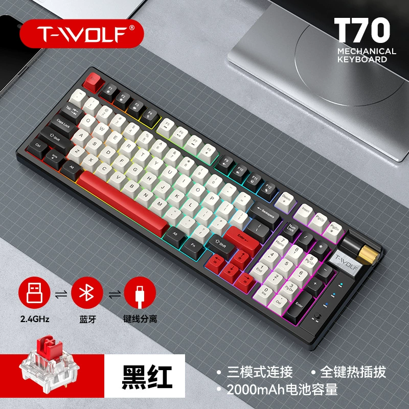 Беспроводная механическая клавиатура T-WOLF Thunder Wolf T70 Bluetooth в три режима RGB цветной блок горячей смены красная ось