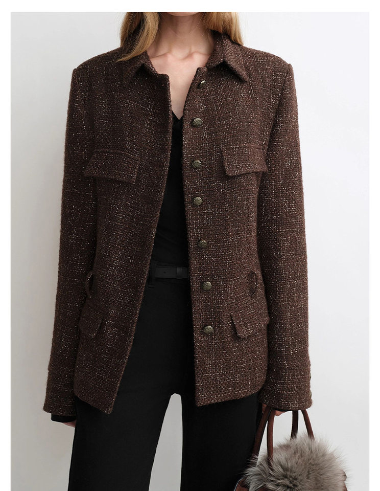 Áo khoác nữ dáng ôm kiểu sơ mi chất liệu dạ tweed lông cừu kèm thắt lưng, dài tay, cổ vest — Màu đỏ rượu Port chi tiết 13