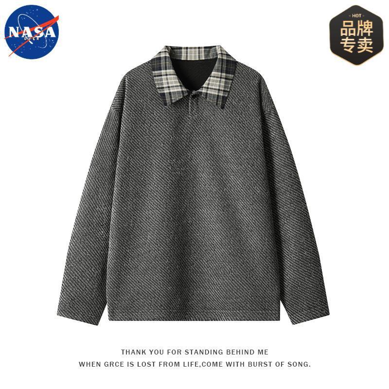 NASA品牌高级感重磅POLO衫长袖上衣男士春秋潮牌休闲宽松痞帅衬衫|undefined
