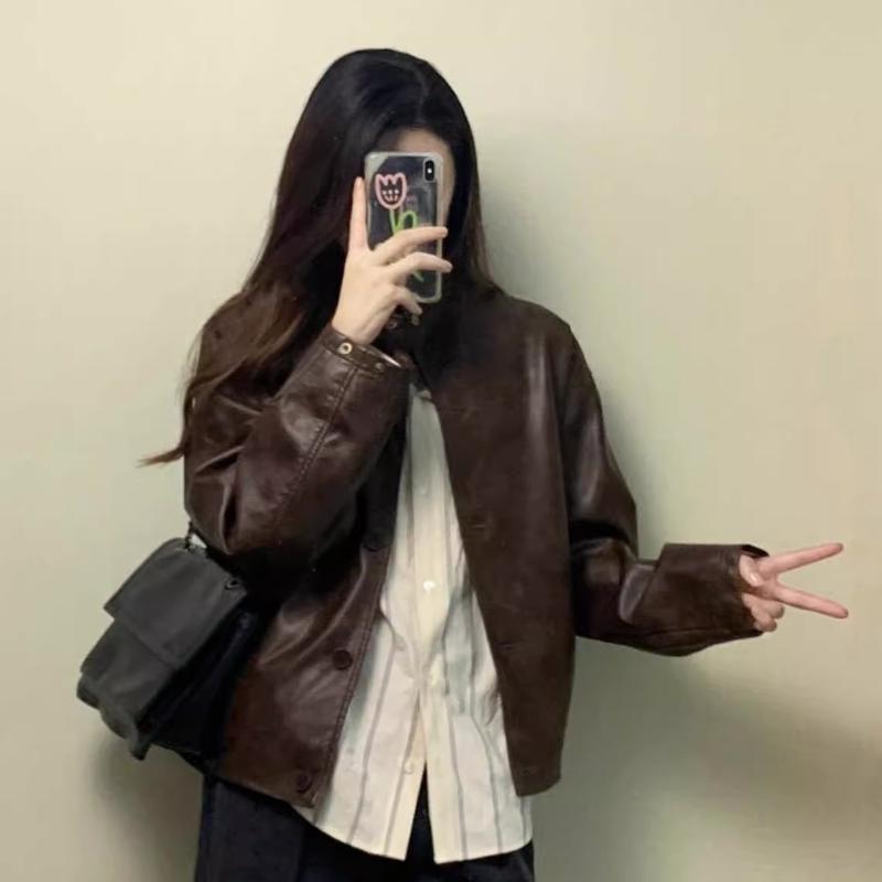 2025秋新款小个子韩系立领机车服夹克美拉德棕色短款皮衣外套女|undefined
