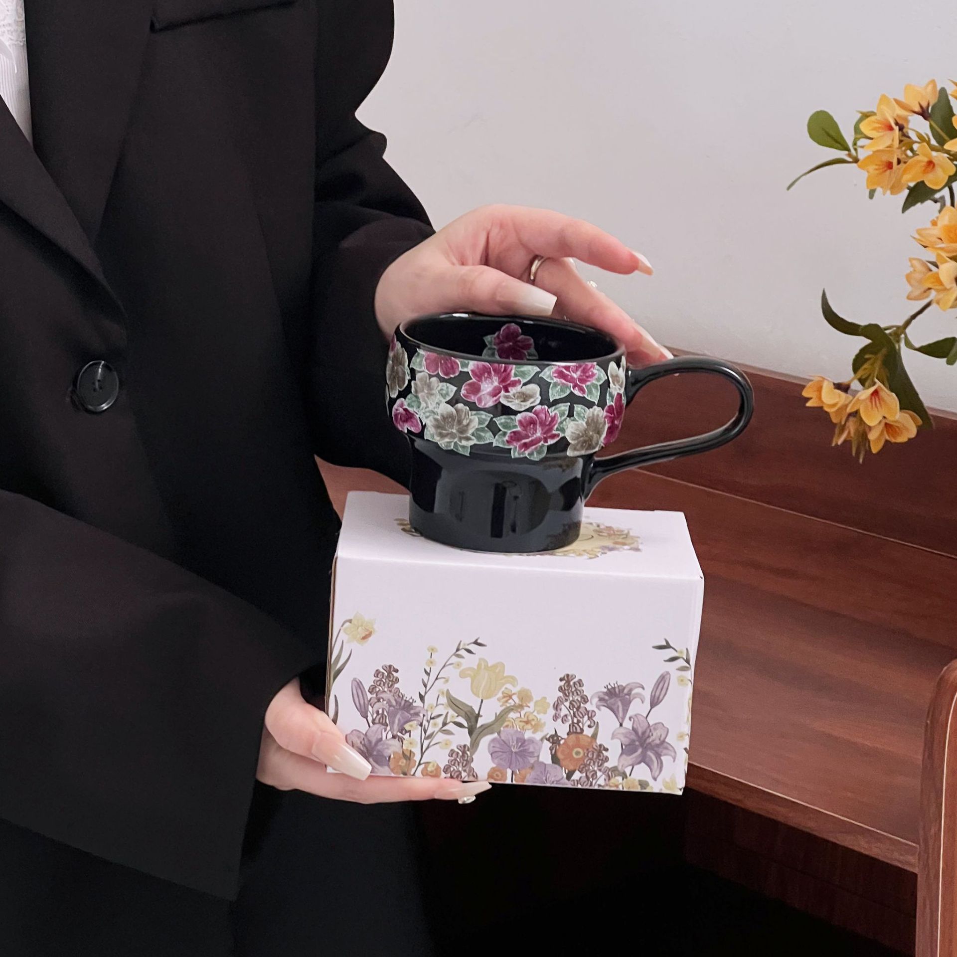 Taza de cerámica de flores taza de desayuno de avena tazón de calentamiento de leche flor brocade taza de café plato tazón