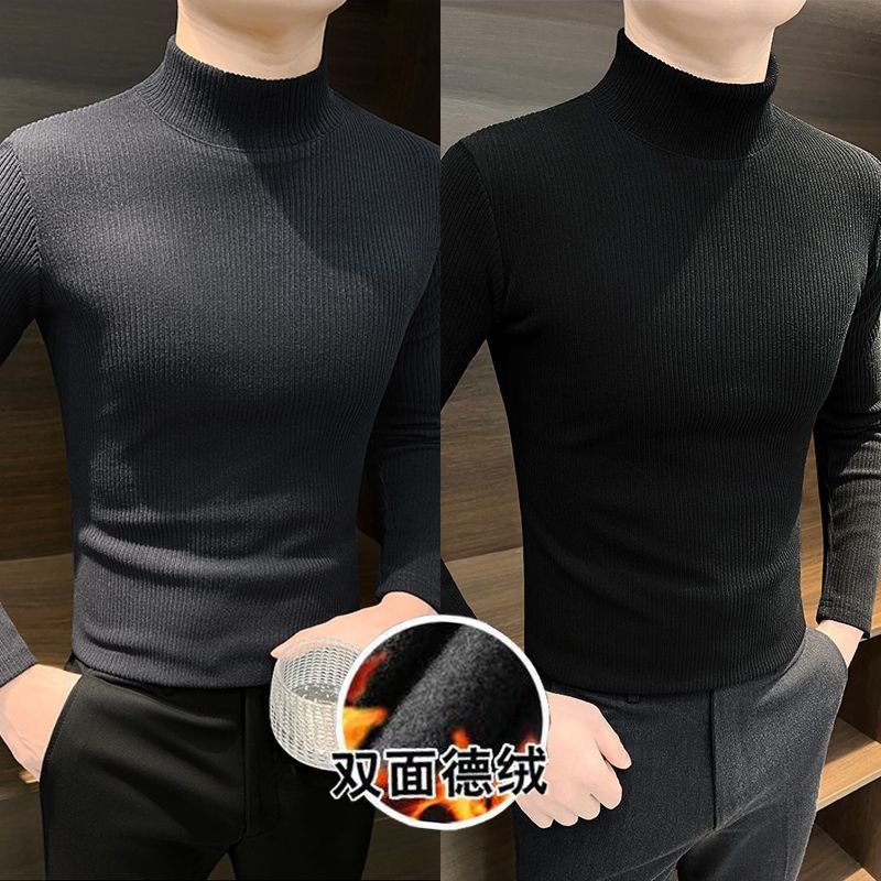 하프 하이 칼라베이스 셔츠 남자 가을과 겨울 2024 새로운 미드 칼라 벨벳 따뜻한 남자 내부 긴팔 티셔츠