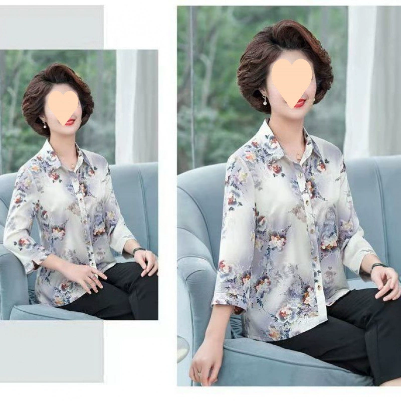 Новая весенняя одежда из ледяного шелка с цветочным принтом для мам среднего и пожилого возраста, женщин 40 и 50 лет, топы и рубашки с рукавами три четверти, летняя верхняя одежда, тонкий стиль