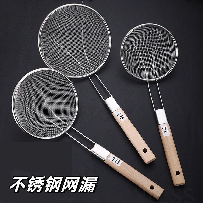 Mango de madera de acero inoxidable gran filtro de malla larga filtro de malla comercial de alimentos fritos tamizado olla caliente para pescar fideos cucharada grande