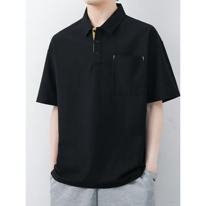 Summer Men's Short-Sleeved T-Shirt Hong Kong Style Loose-Fitting Collared Polo Shirt with Pockets for Young Students Loose-Fitting Solid Color T-Shirt