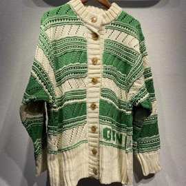 复古慵懒风宽松中长款毛衣慵懒风外套圆领拼色条纹羊毛开衫长款