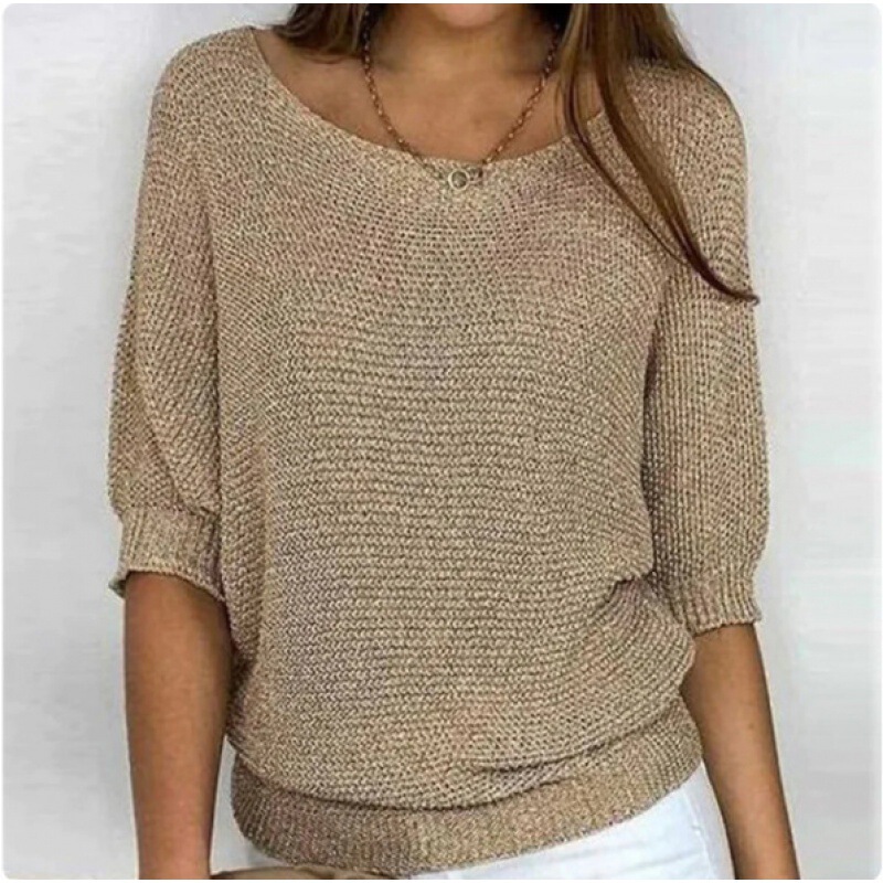 2025 Spring New Cross-Border European and American Style Pure Color Round Neck Knitwear Women's Elegant Three-Quarter Sleeve Top Air-Conditioned Shirt