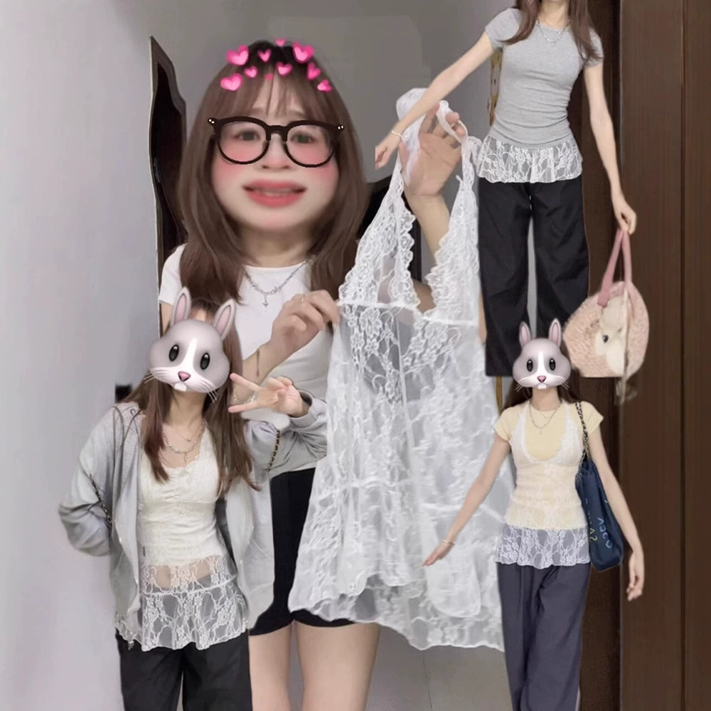 2024 утренний и осенний белый кружевной подтяжки женский топ с V-образным вырезом