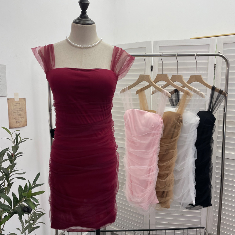 Real Shot Thai dress Niche Design Mesh Pleated Chest Sling Dress Hip Hot Girl Skirt 8028