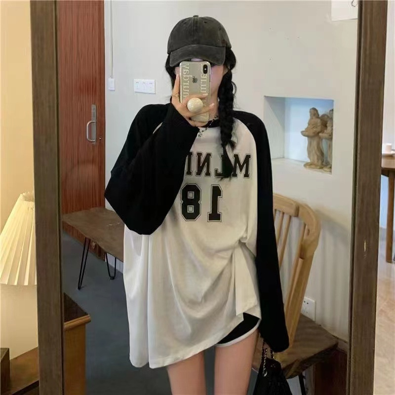 大数字印花宽松拼色长袖T恤女学生秋冬新款圆领插色袖中长款上衣