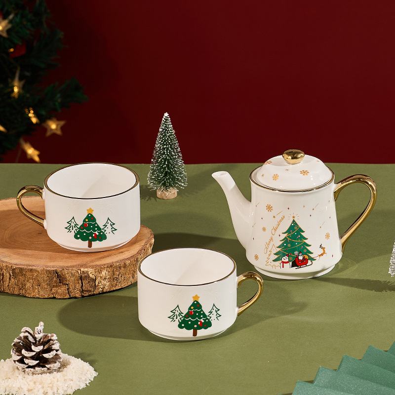 Tazas de cerámica de Navidad en Amazon Hot Sale Características Gold Plated Tea Set Regalo de Navidad una olla dos tazas