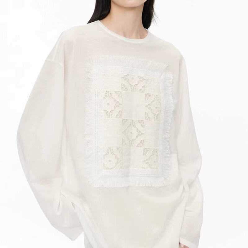 Spot Sagestu Off-White Embroidered Patch Loose Long-Sleeved Round Neck T-Shirt Light and Thin Design High Quality Sun Protection
