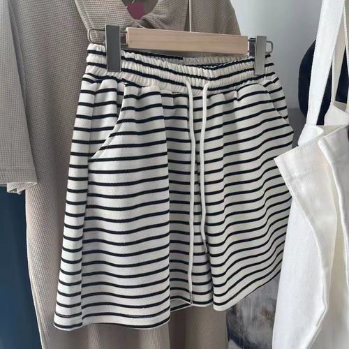 Summer shorts, sporty loose high-waisted slimming thin striped casual wide-leg versatile straight hair