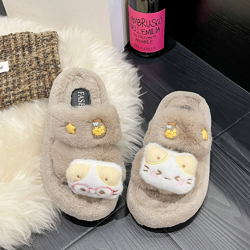 可爱卡通猫咪毛毛拖鞋女外穿2025年秋季新款毛绒懒人舒适毛拖鞋女|undefined