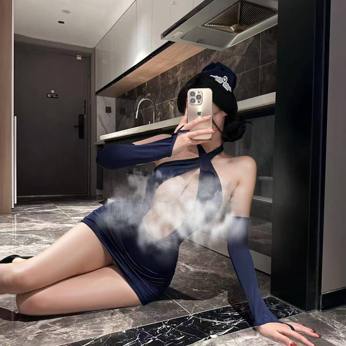 Maid Roleplay Lingerie Set with Hood, Bodysuit and Sleeves, Slim-Fit Polyester Uniform — detail image 2