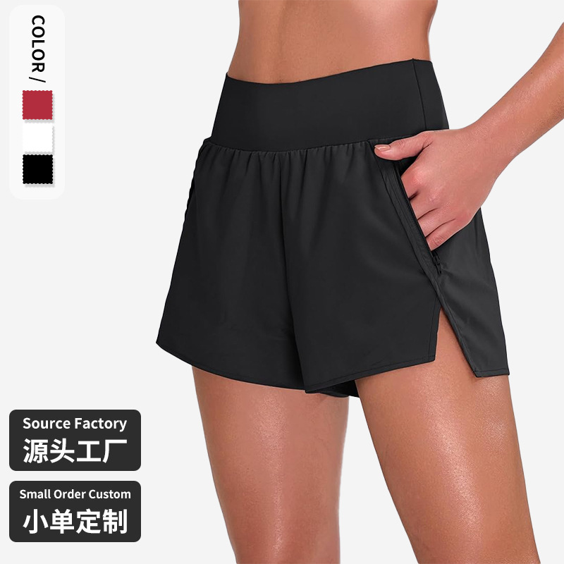 Amazon's New Women's High-Waisted Running Shorts Side Slit Quick-Drying Sports Shorts with Pockets Fitness Shorts Wholesale