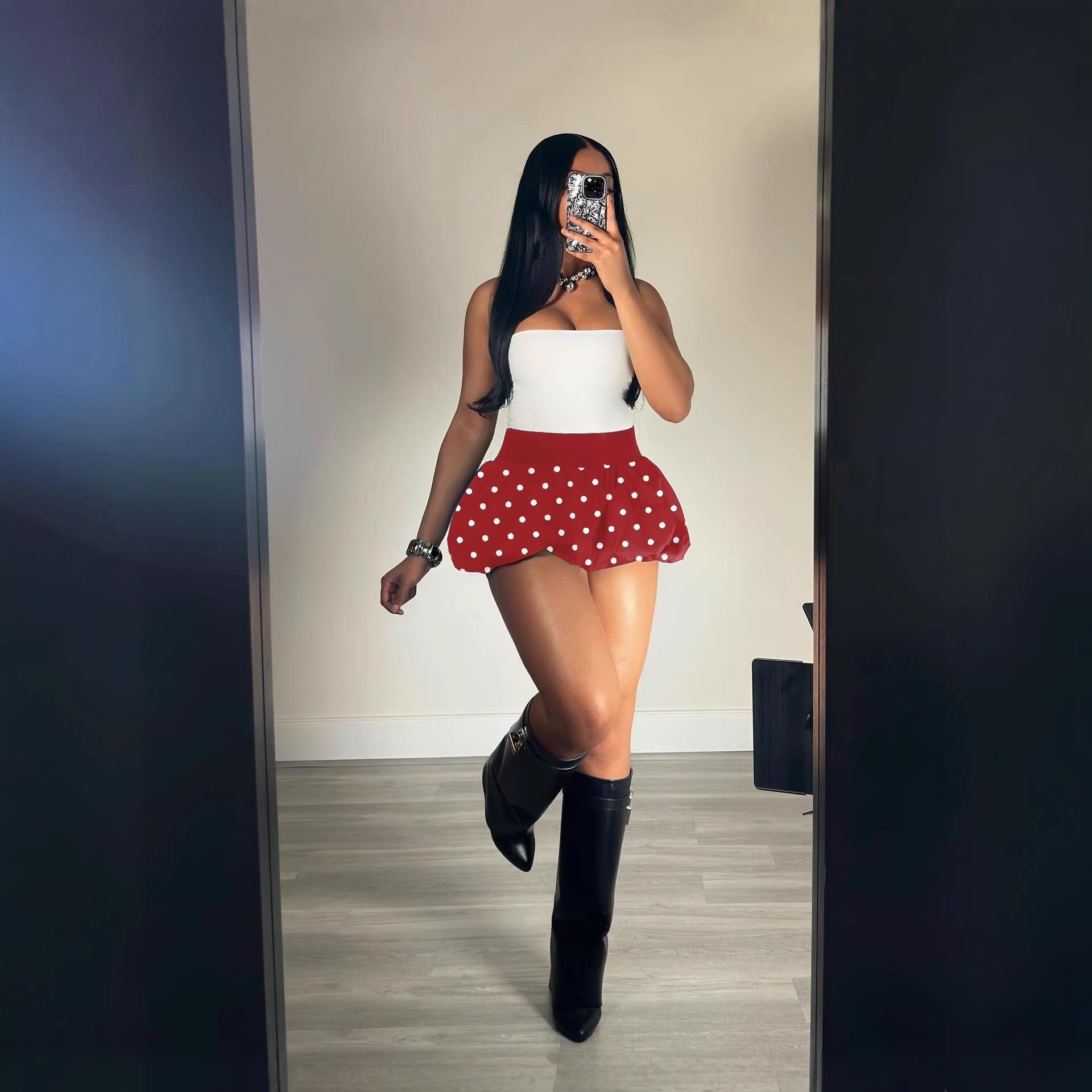 Retro Polka Dot Bubble Hem Skirt – High Waist Flared Mini Skirt With Elastic Waist (White/Red/Black, S-Xl, Y2k Aesthetic)_voghion.com
