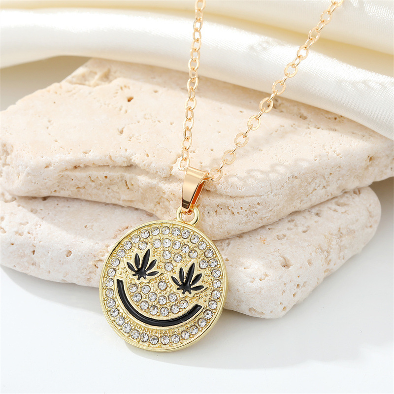 Korean Full Diamond Round Smiley Face Necklace Creative Maple Leaf Smiley Face Pendant display picture 3