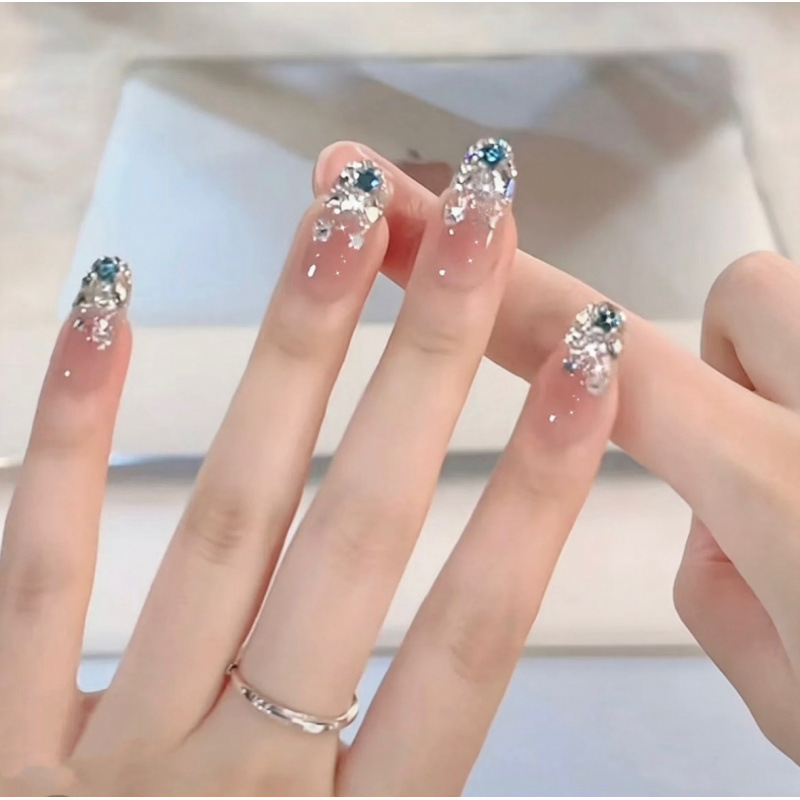 【Deep Sea Star Fragment】New Style Pure Handmade Wearable Nails, Deep Blue Sparkling Diamonds, High-End Whitening Wearable Nail Pieces Wholesale