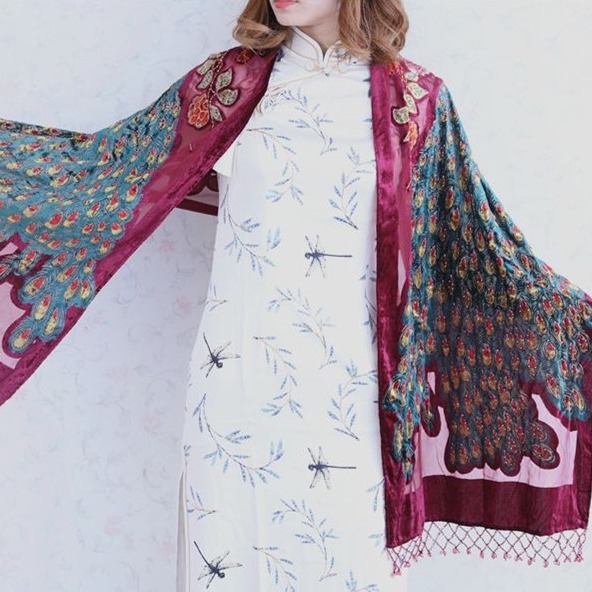 Factory direct handmade beaded scarf long scarf Peacock shawl wholesale velvet scarf wholesale