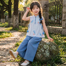 女童夏装新中式风国风无袖汉服两件套夏季洋气无袖背心阔腿裤套装
