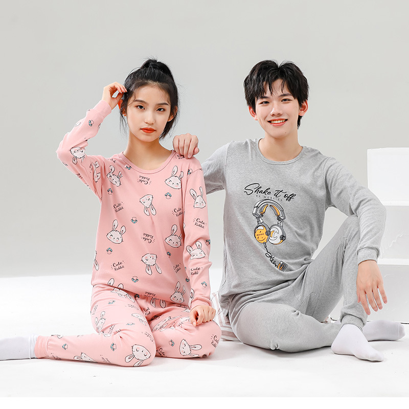 십대 속옷 세트 어린이 가을 옷과 바지 큰 어린이를위한 따뜻한 면 만화 잠옷 소년 소녀 면 스웨터