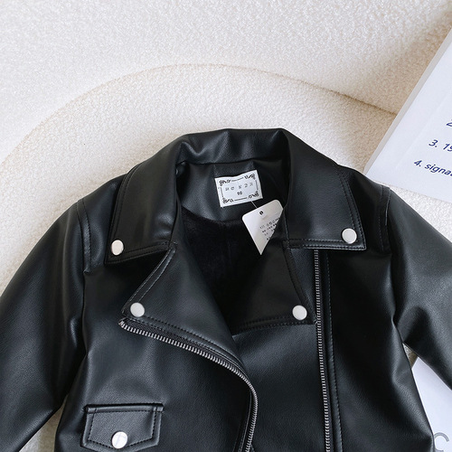 Girls fashionable leather jacket  autumn and winter new style children's velvet thickened leather jacket baby winter warm jacket trendy