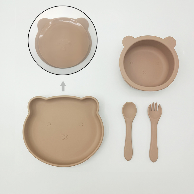 Bebé de alimentación placa cuchara Tenedor traje grado alimenticio silicona Integrado placa niños dibujos animados oso vajilla materna y infantil