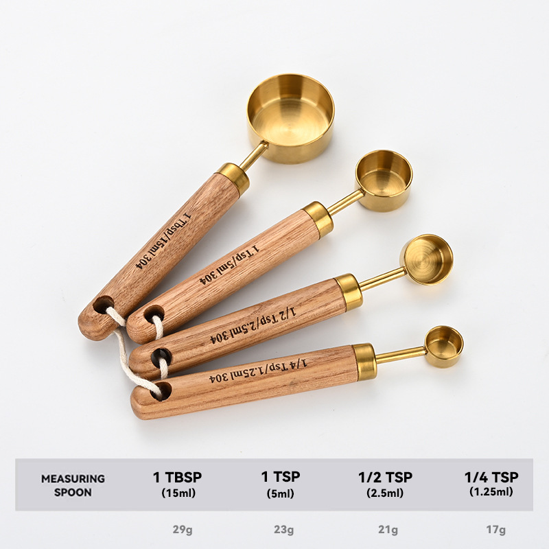 304 ステンレス鋼計量スプーン計量カップセット木製ハンドル計量カップ計量スプーン 4 点セットスケール付きゴールデン計量スプーン計量カップ 8 個|undefined
