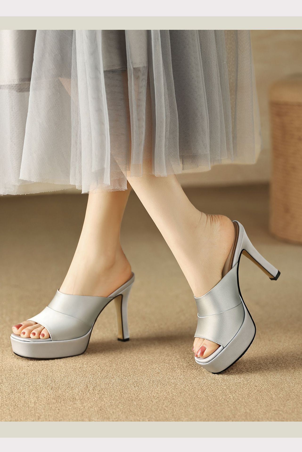Sandal cao gót nữ quai ngang hở mũi đế platform gót nhọn 9 cm — màu đen, bạc chi tiết 10