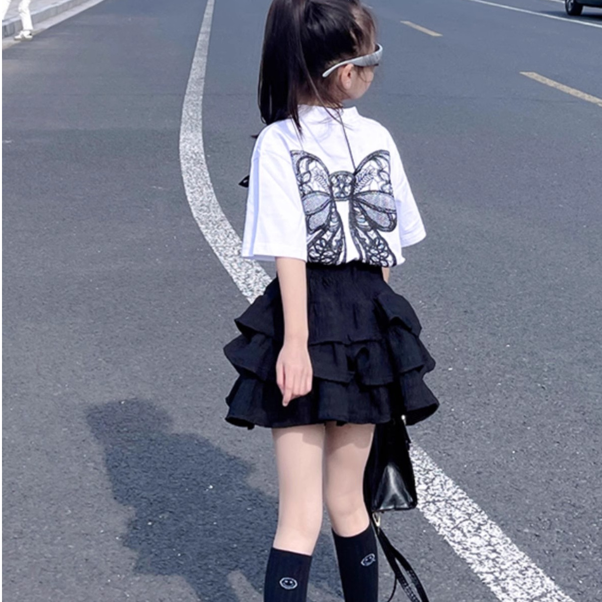 1573#纯棉上衣套装2025新款蛋糕裙洋气儿童短袖T恤百褶短裙两件套