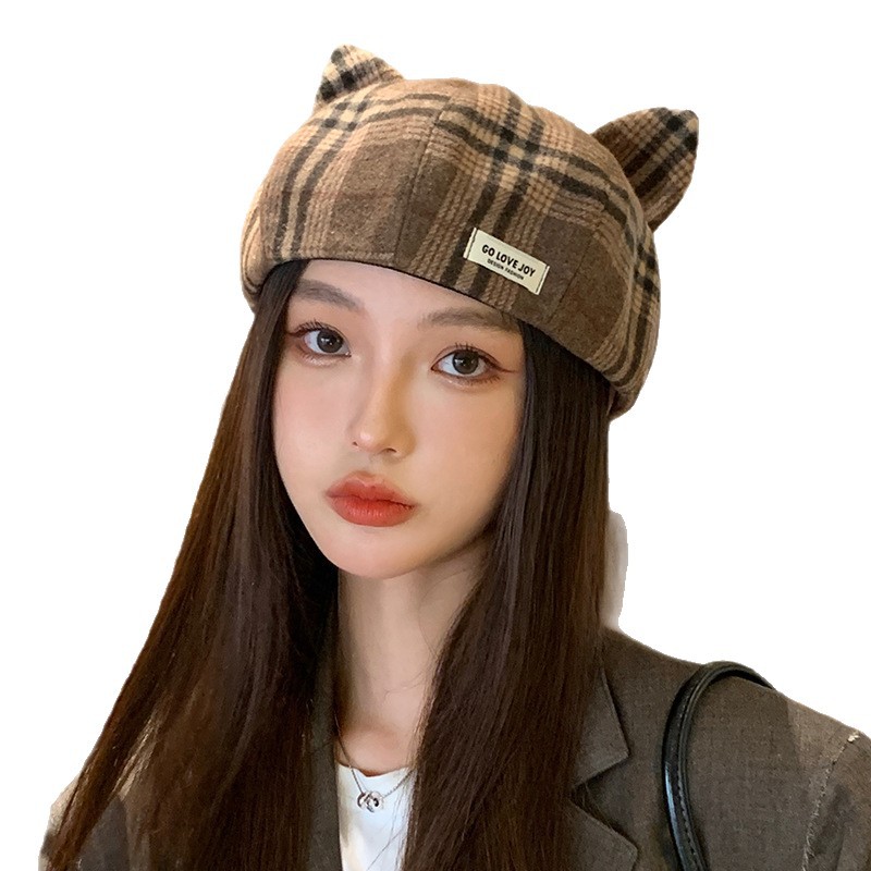 British Style Plaid Beret Autumn Winter Women Cat Ears Cute Octagonal Fashion Versatile Painter Hat_voghion.com