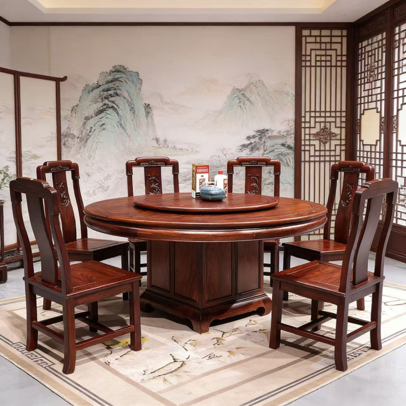 New Chinese-Style Large-Leaf Rosewood Solid Wood Dining Table and Chair Set for Small and Large Households, Round Antique-Style Redwood Dining Table New Chinese-Style Large-Leaf Rosewood Solid Wood Dining Table and Chair Set for Small and Large Households, Round Antique-Style Redwood Dining Table