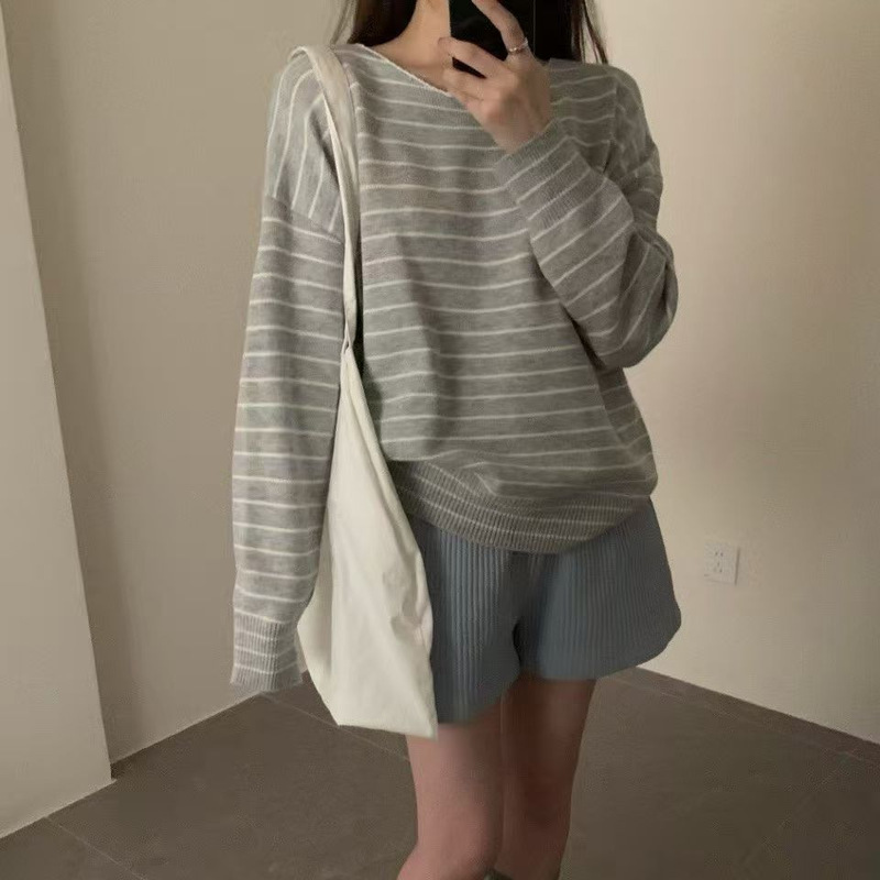 韩国2025秋冬新款圆领休闲条纹撞色针织衫上衣女宽松慵懒套头毛衣|undefined
