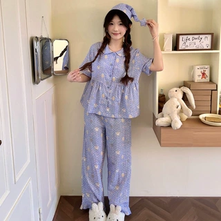 26年新款葡萄紫碎花小熊短袖长裤睡衣女夏套装新款翻领可爱家居服