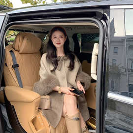 2024新款拼色大衣女双面呢冬季新款中长款毛呢羊毛外套