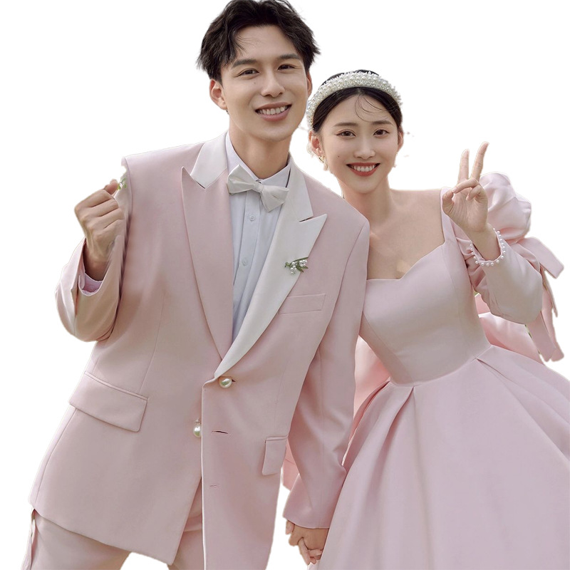 (2개) 사진 스튜디오 사진 테마 의류 핑크 프렌치 보우 숲 스타일의 야외 새틴 웨딩드레스와 퍼프 슬리브