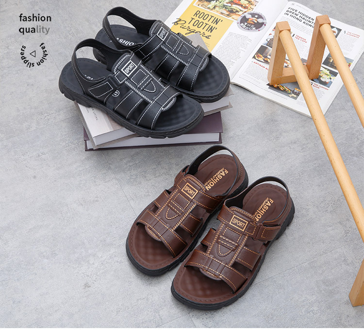 Men’s Adjustable Hook Loop Two-Wear Casual Sandals, Thick Non-Slip Rubber Sole Walking Slide_vogvips.com
