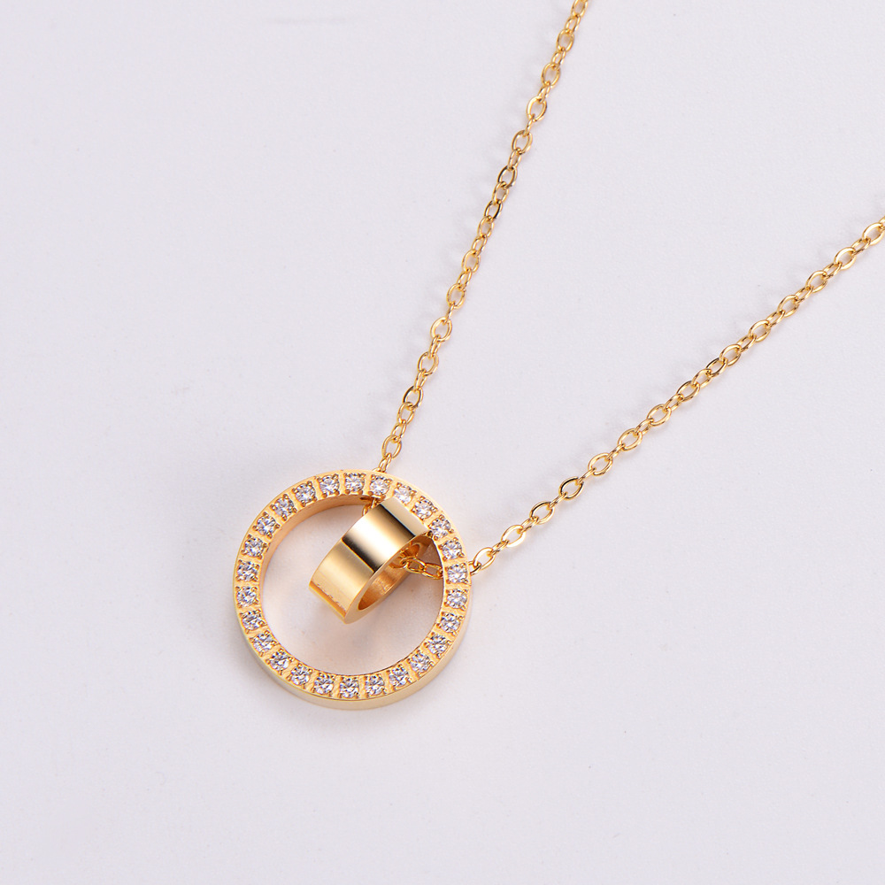 Women Fashion Simple Style Round Stainless Steel Rhinestone Pendant Necklace Diamond Stainless Steel Necklaces_colorza_5