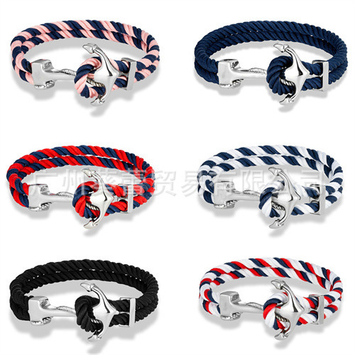 Cross-border Classic Navy Style Stainless Steel Anchor Bracelet Men's Casual Double Strand Multicolor Nautical Surfing Bracelet