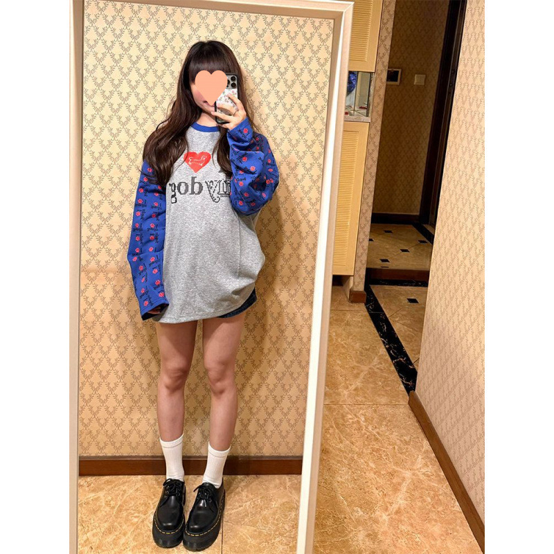 美式复古撞色插肩袖长袖T恤女秋季新款设计感小众宽松显瘦上衣潮|undefined