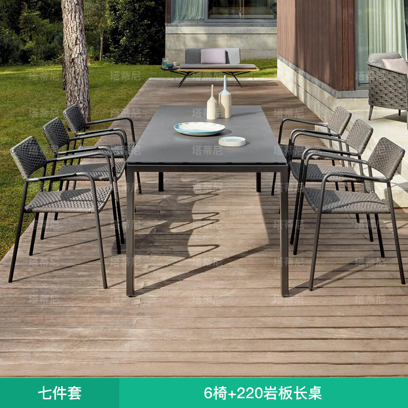 Mesas y sillas de exterior para patios de villas, mesas de aleación de aluminio impermeables y resistentes al sol, conjunto de sillas de ratán para terraza de jardín. image 20