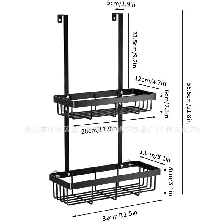 Estante de doble capa en la parte trasera de la puerta del baño con gancho trasero, estante multifuncional para artículos de baño, estante de almacenamiento de baño sin perforación