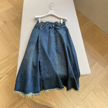 2025秋冬ink韩版设计感交叉高腰设计水洗蓝色流苏衣摆A字牛仔半裙