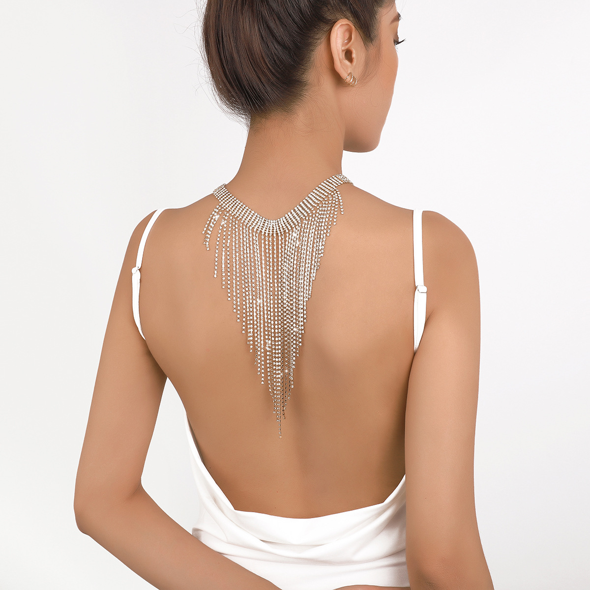 Rhinestone Tassel Back Necklace Luxury Statement Retro Chain_voghion.com