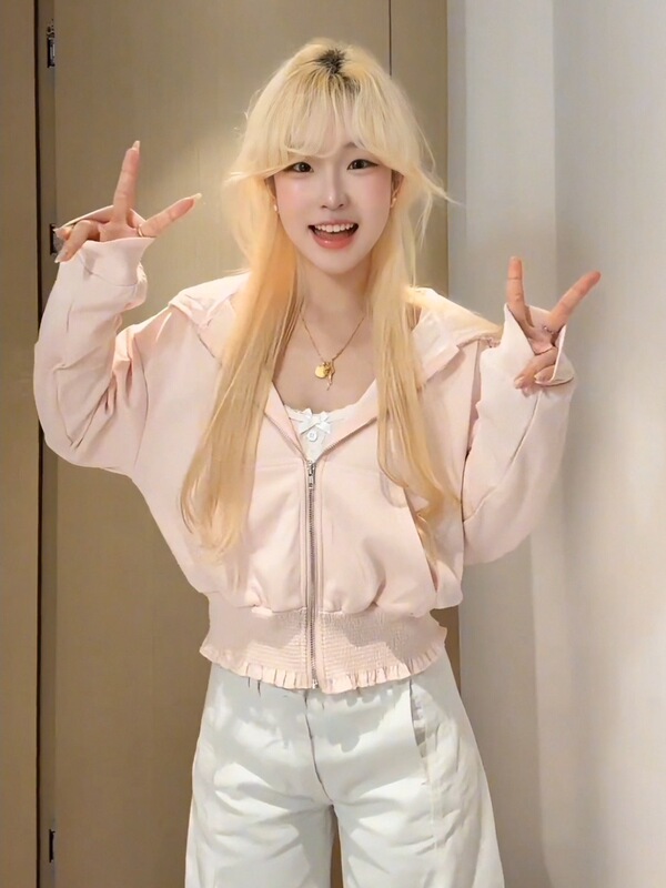 粉色拉链连帽卫衣外套女秋季美式慵懒宽松木耳边长袖开衫帽衫上衣|undefined