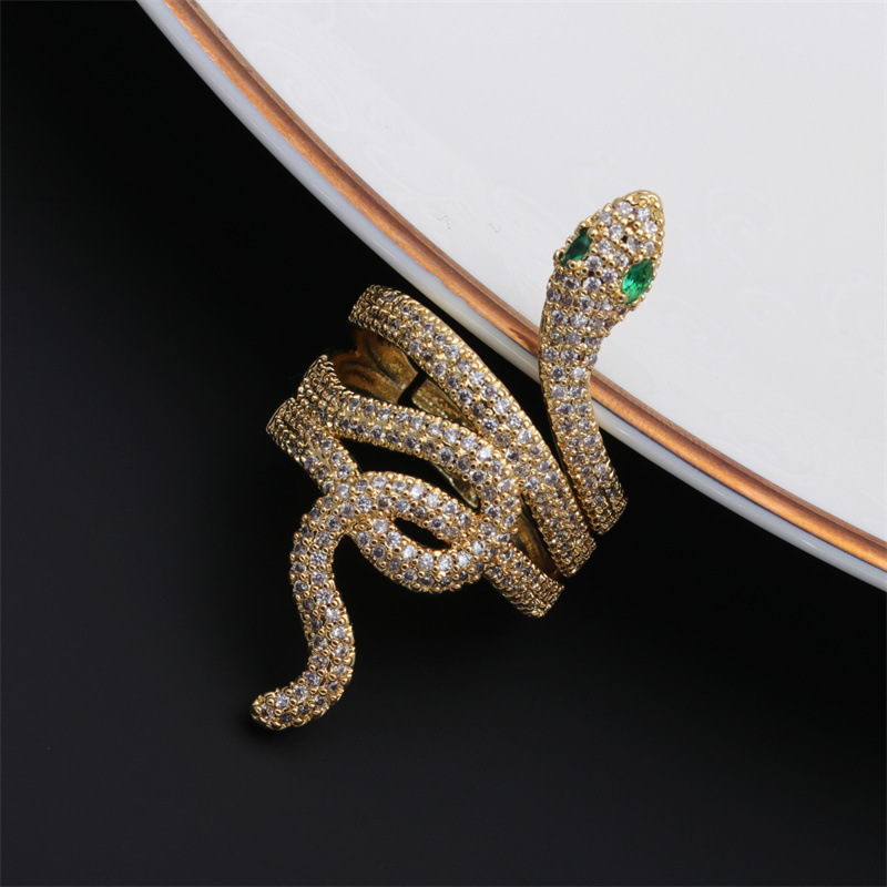 Fashion Colorful Oil Snake-shaped Open Green Zircon Copper Ring display picture 4